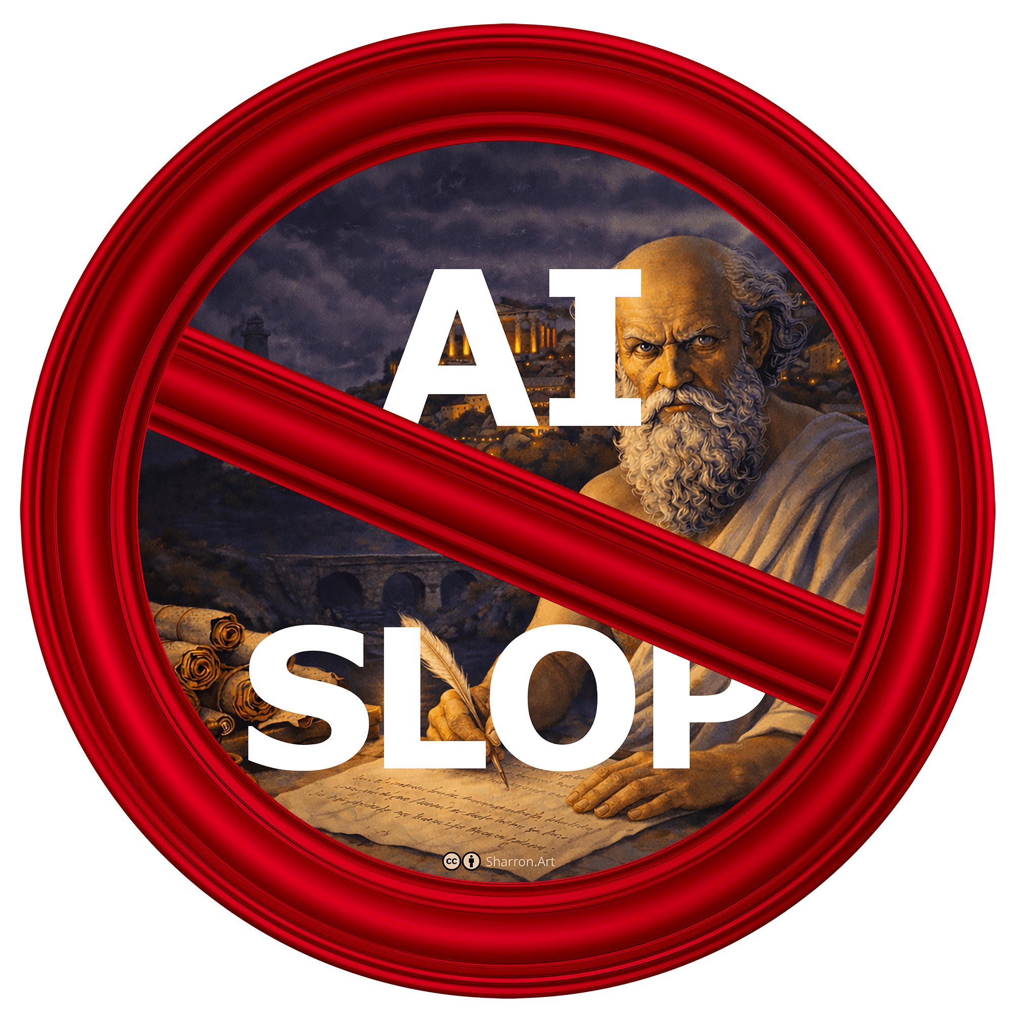 No AI Slop sign features art by Sharron of a red frame and Socrates qwriting in front of the Lighthouse of Alexandria