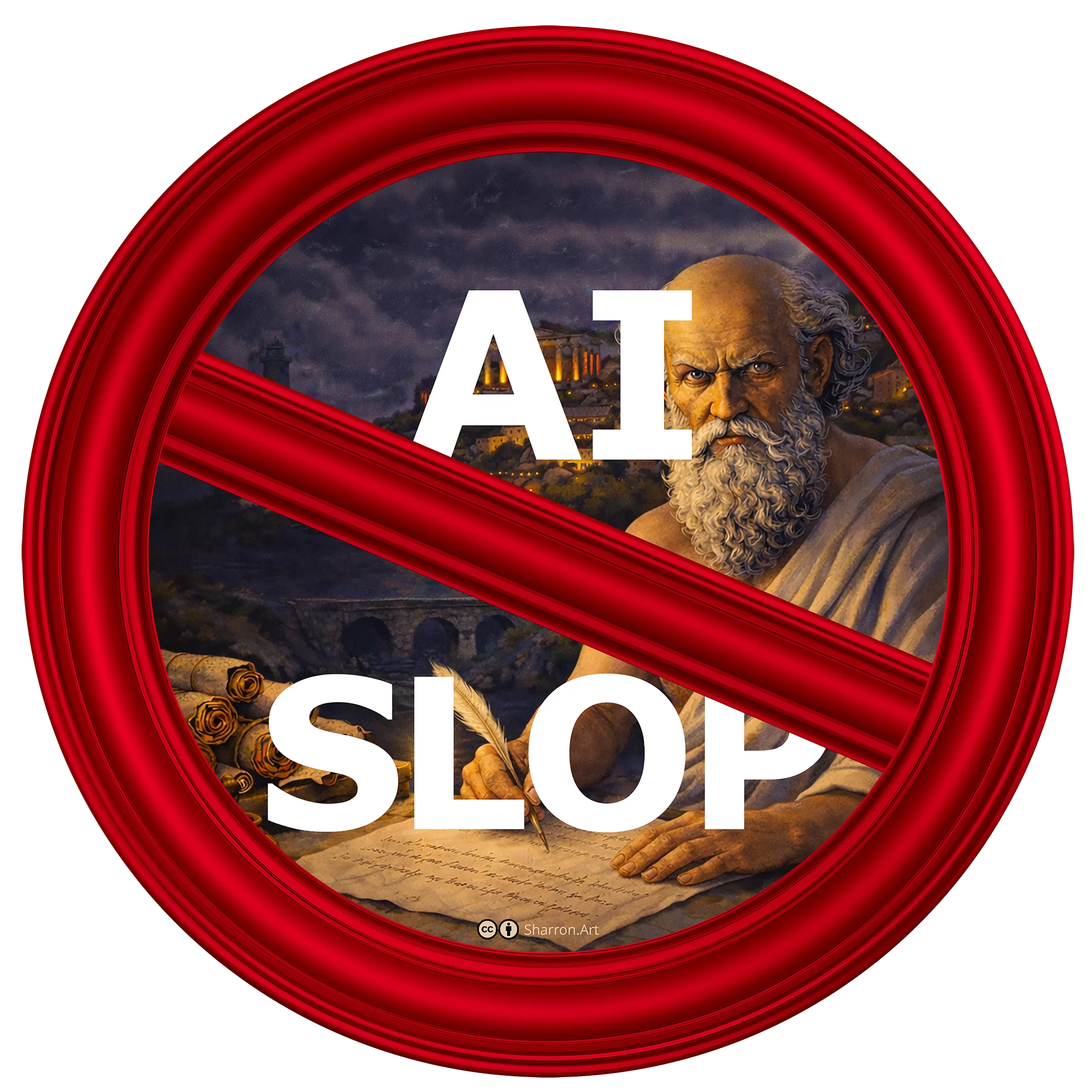 No AI Slop sign features art by Sharron of a red frame and Socrates qwriting in front of the Lighthouse of Alexandria