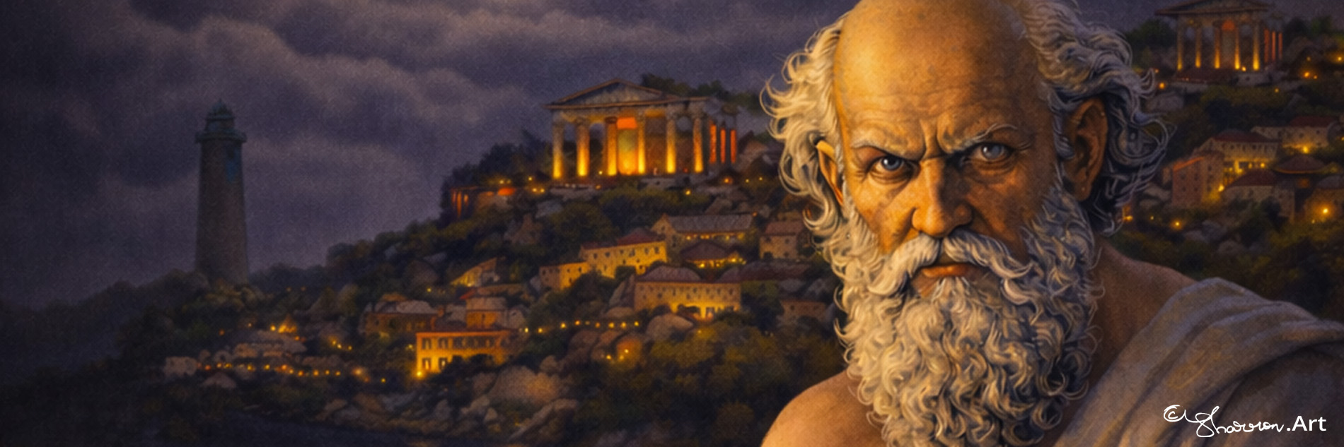 Illustration of Socrates in front of the Lighthouse of Alexandria - 7 Wonders of the Ancient World